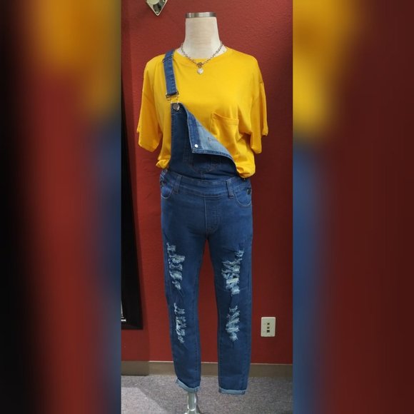Denim Distressed Overall Jeans - Picture 2 of 7